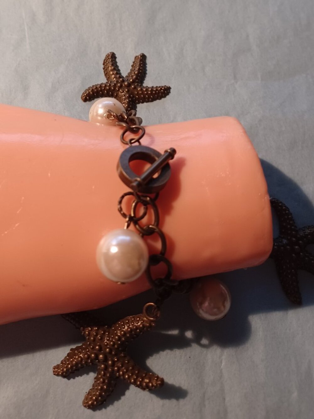 Antique Brass / Bronze Color Starfish & Pearl Bracelet